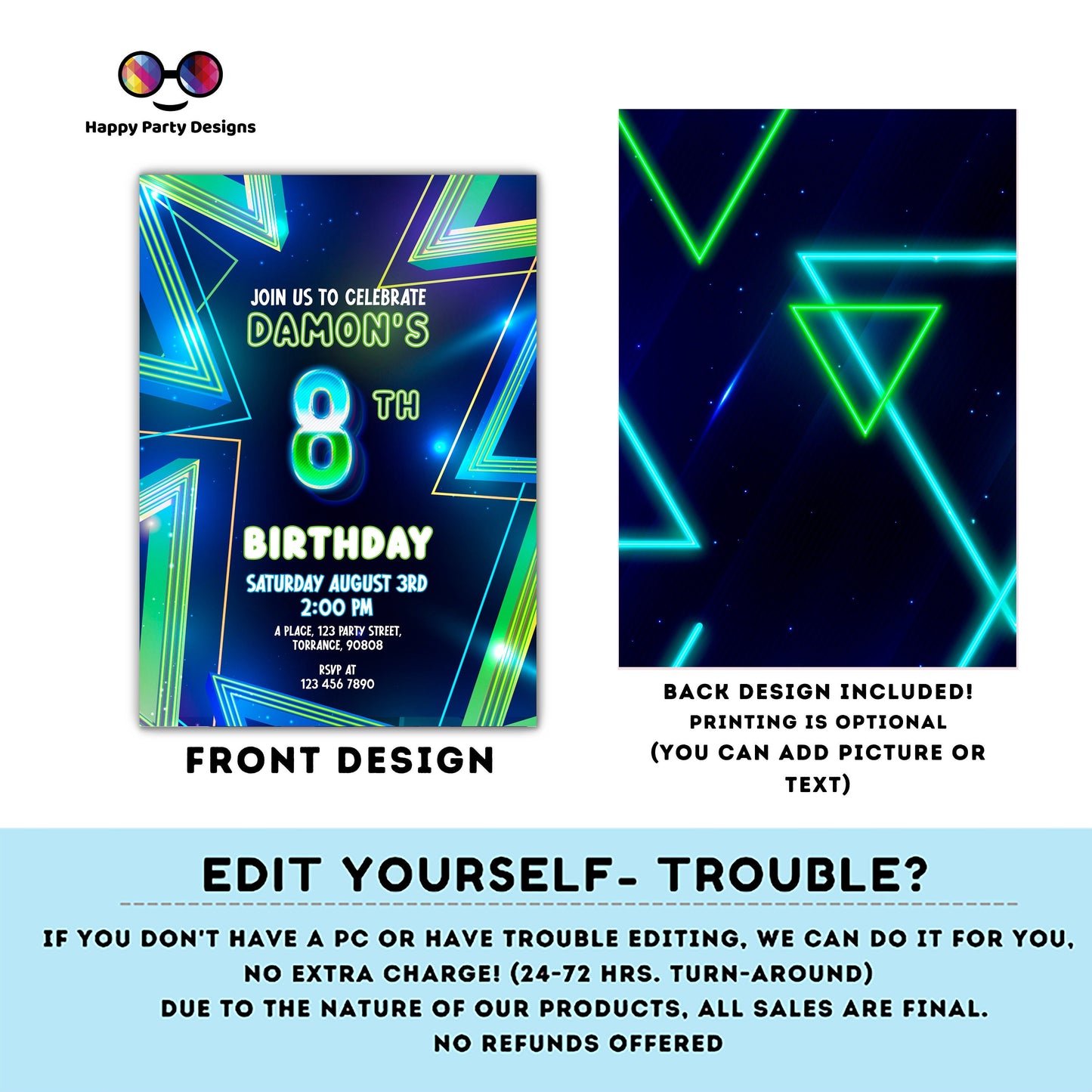 EDITABLE Boy 8th birthday invitation | Neon Glow in the dark Party | Birthday Boy | 8th Neon Green Blue Birthday | glow party #K185