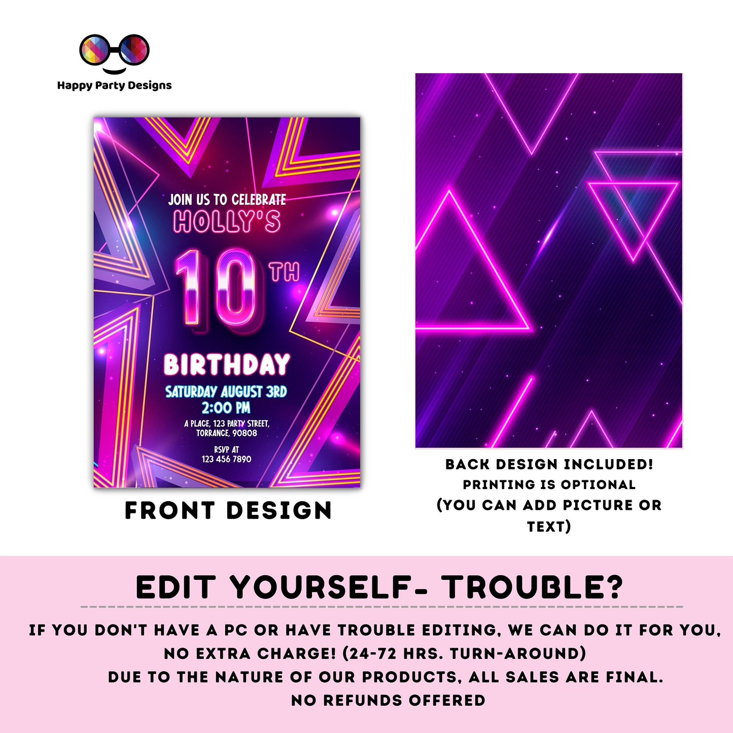 EDITABLE girl 10th birthday invitation | Neon Glow in the dark Party | Birthday girl | 10th pink and purple Birthday | glow party #K186