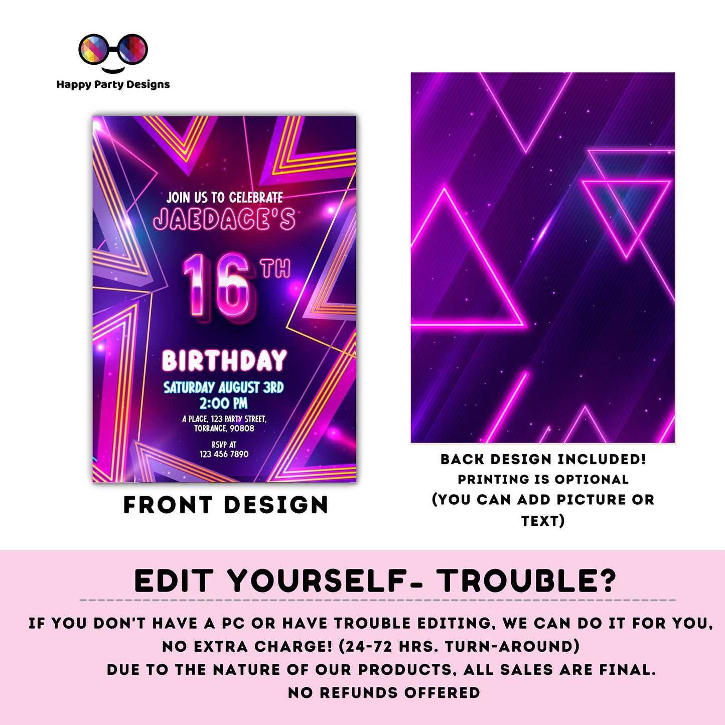 EDITABLE girl 16th birthday invitation | Neon Glow in the dark Party | Birthday girl | 16th pink and purple Birthday | glow party #K186
