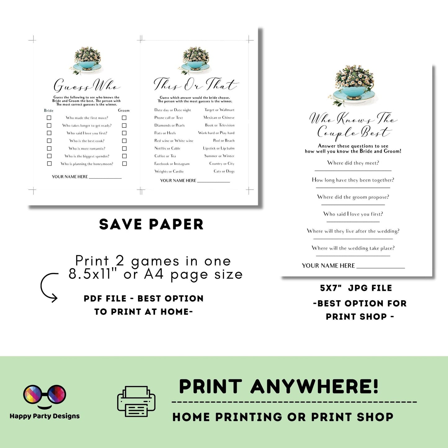 Instant download Bridal Shower Games Bundle Tea Party | Printable Bridal Tea Shower games | Bridal Brunch | Bridal shower party games #W2