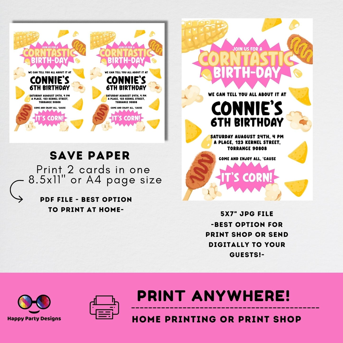 Kids Editable Corn Birthday Invitation Template | Printable Birthday Corntastic Party Invitations | Birthday girl ITs Corn party #K218