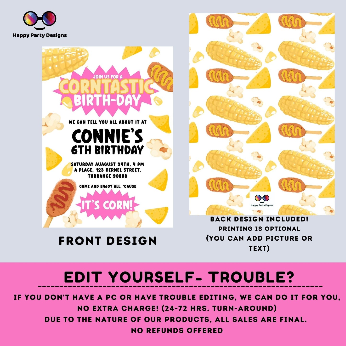 Kids Editable Corn Birthday Invitation Template | Printable Birthday Corntastic Party Invitations | Birthday girl ITs Corn party #K218