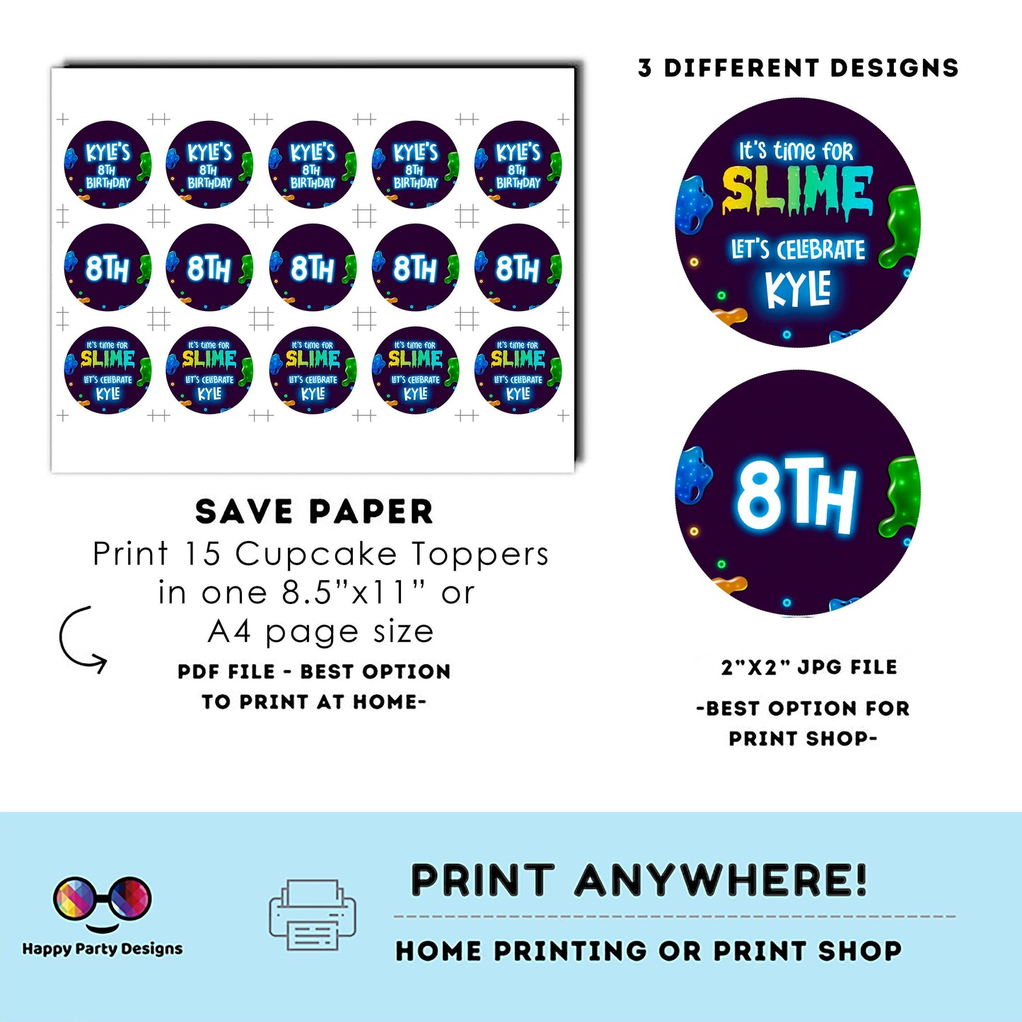Editable slime Round cupcake toppers | slime birthday | slime Birthday Party | slime themed | Boy Birthday Party | stickers #K125