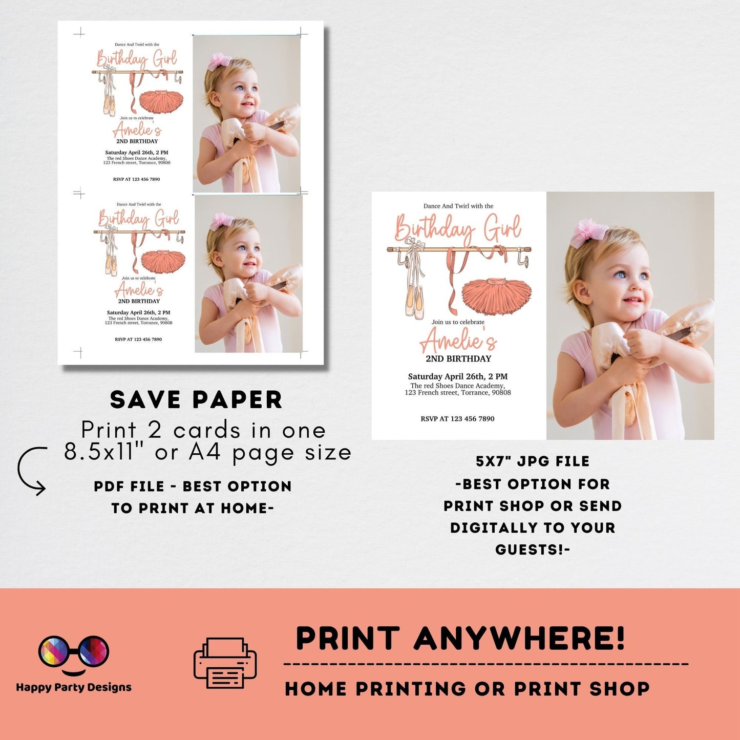 Tutu Birthday invitation with photo | Tutu Cute printable | Birthday girl | Birthday Invitation Ballerina Two-tu | Girl Party Invite #K219