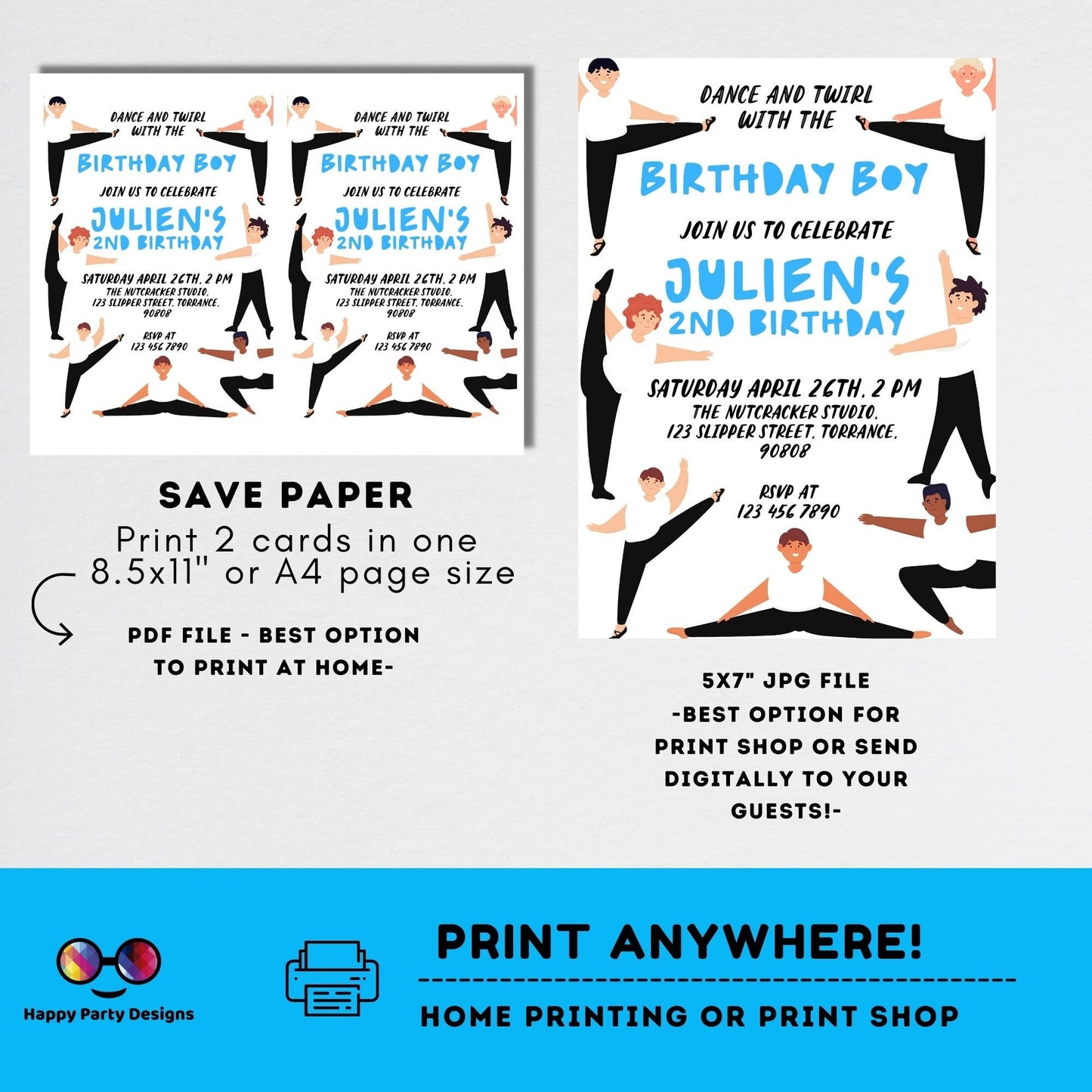Ballet boy Birthday invitation | boy dancer printable | Birthday boy | Birthday Invitation Ballet | Boy Party Invite #K219