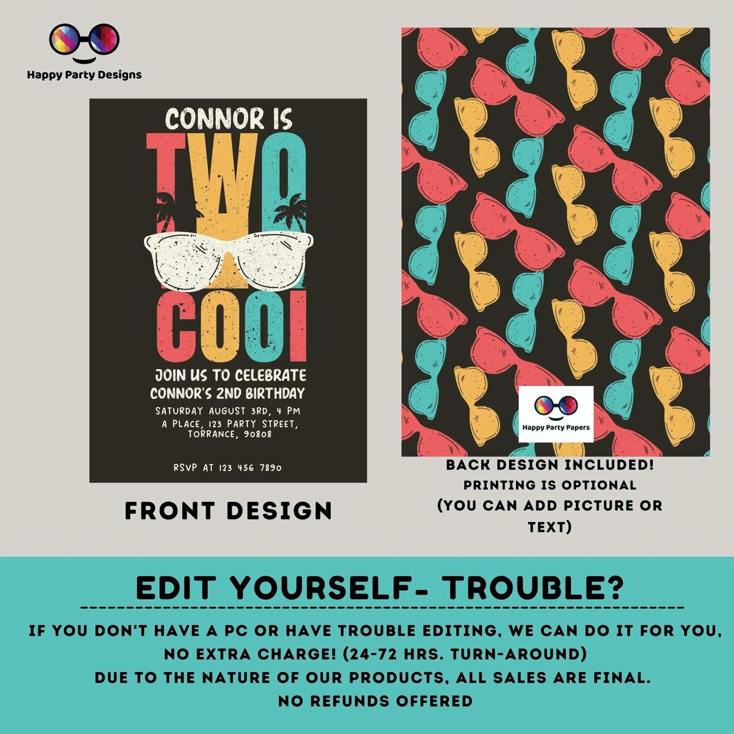 Editable Two Cool Birthday Invitation | Boy Second Birthday Party | I'm Two Cool Sunglasses | 2nd birthday party | Edit Yourself #K220