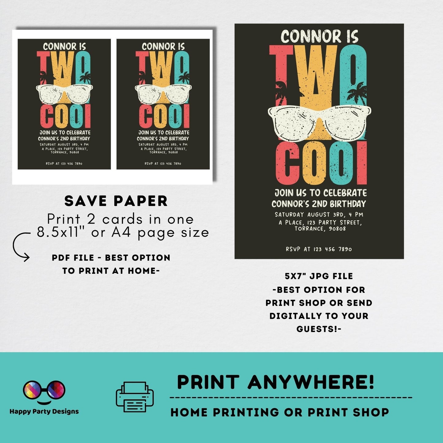 Editable Two Cool Birthday Invitation | Boy Second Birthday Party | I'm Two Cool Sunglasses | 2nd birthday party | Edit Yourself #K220