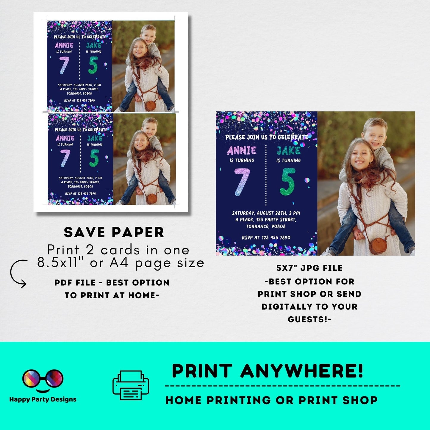 EDITABLE Sibling birthday invitations with picture | any age! double birthday invitations | sibling party invitations | double party #K198