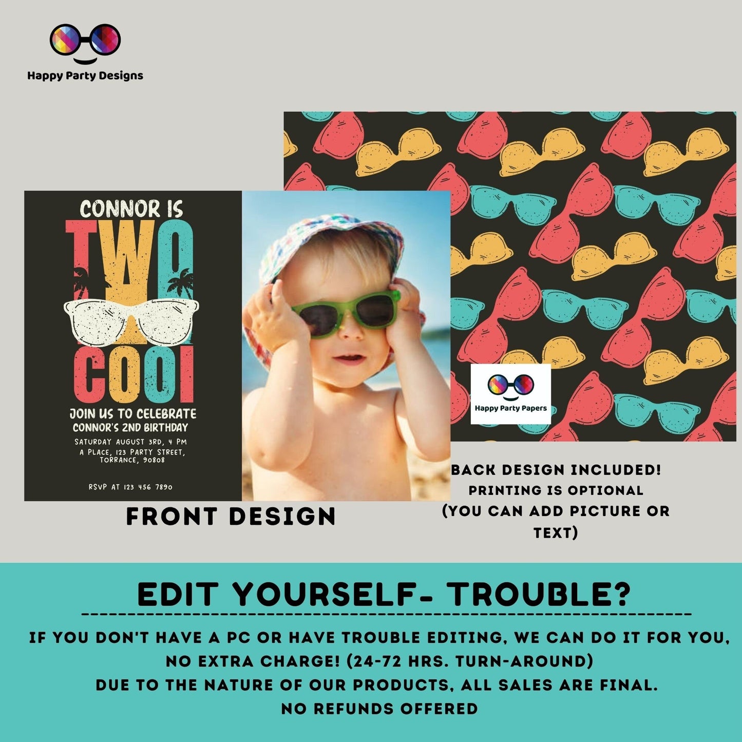 Editable Two Cool Birthday Invitation with photo | Boy Second Birthday Party | I'm Two Cool Sunglasses | 2nd birthday party #K220