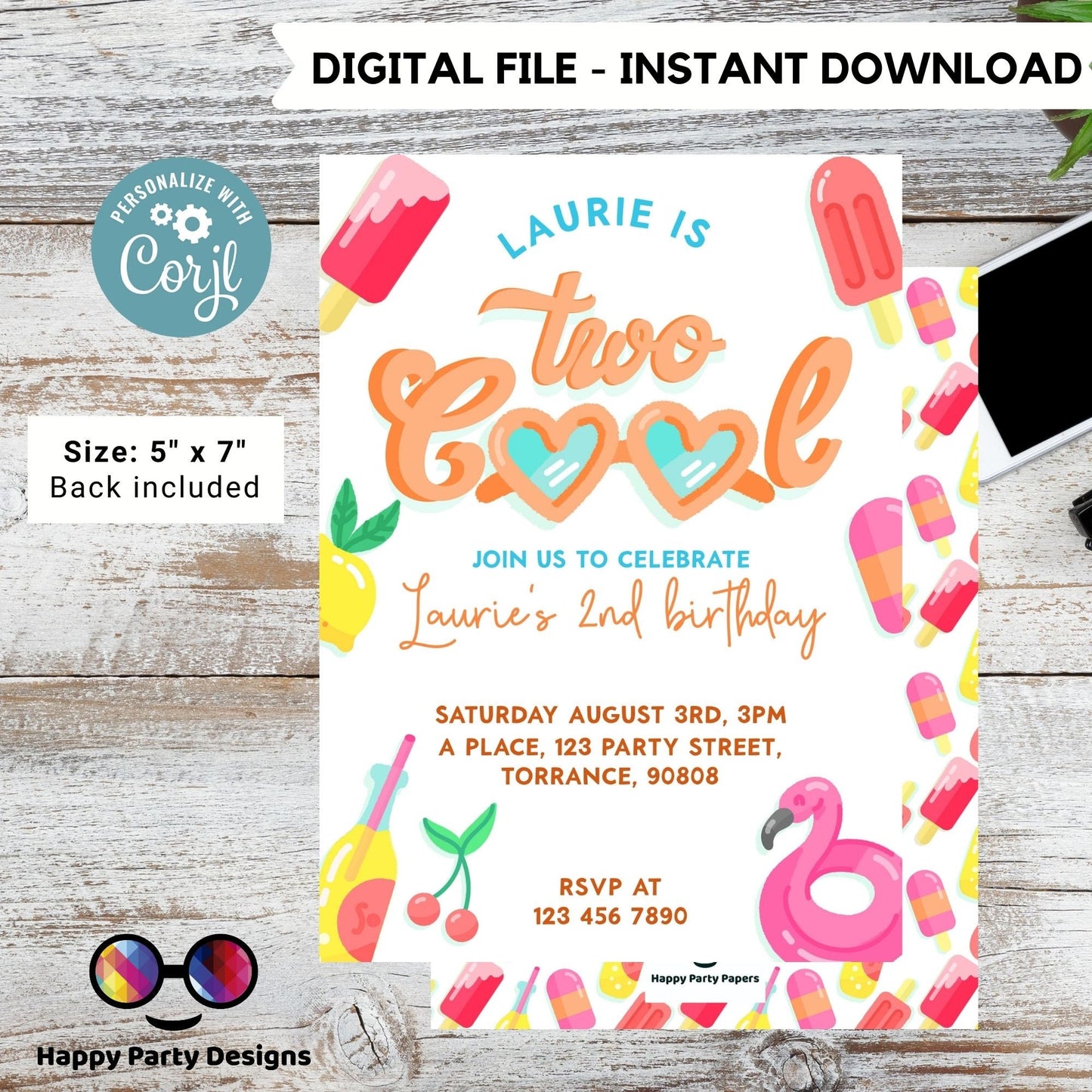 Editable Two Cool Birthday Invitation | girl Second Birthday Party | I'm Two Cool Sunglasses | 2nd birthday party | Edit Yourself #K220