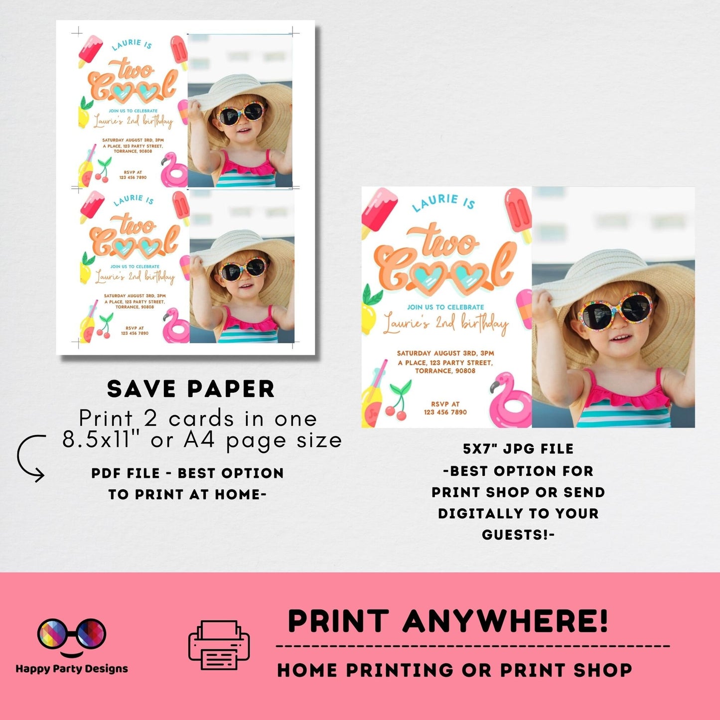 Editable Two Cool Birthday Invitation with photo | girl Second Birthday Party | I'm Two Cool Sunglasses | 2nd birthday party #K220