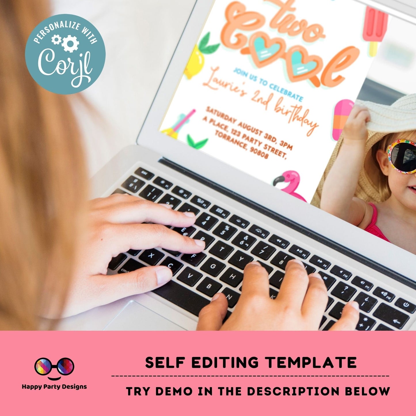 Editable Two Cool Birthday Invitation with photo | girl Second Birthday Party | I'm Two Cool Sunglasses | 2nd birthday party #K220