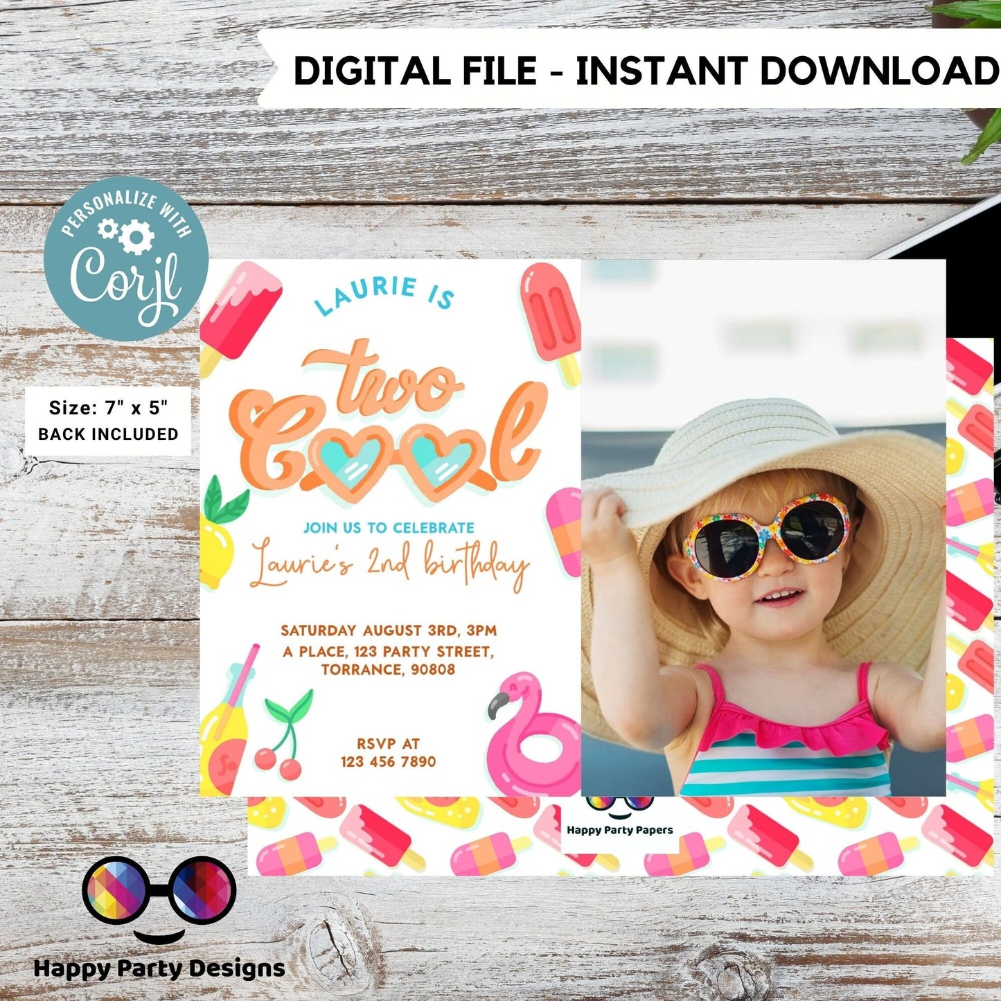 Editable Two Cool Birthday Invitation with photo | girl Second Birthday Party | I'm Two Cool Sunglasses | 2nd birthday party #K220