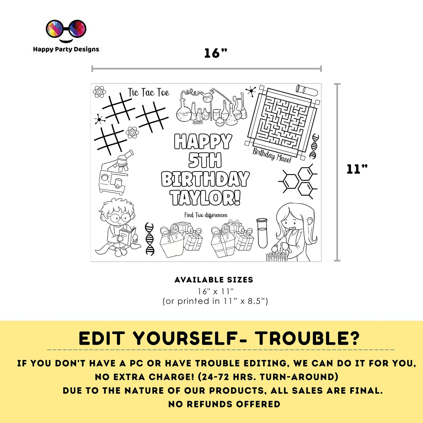 Editable Science coloring page | Mad scientist coloring page | Science party coloring page | Science kids birthday party | Any Age #K124