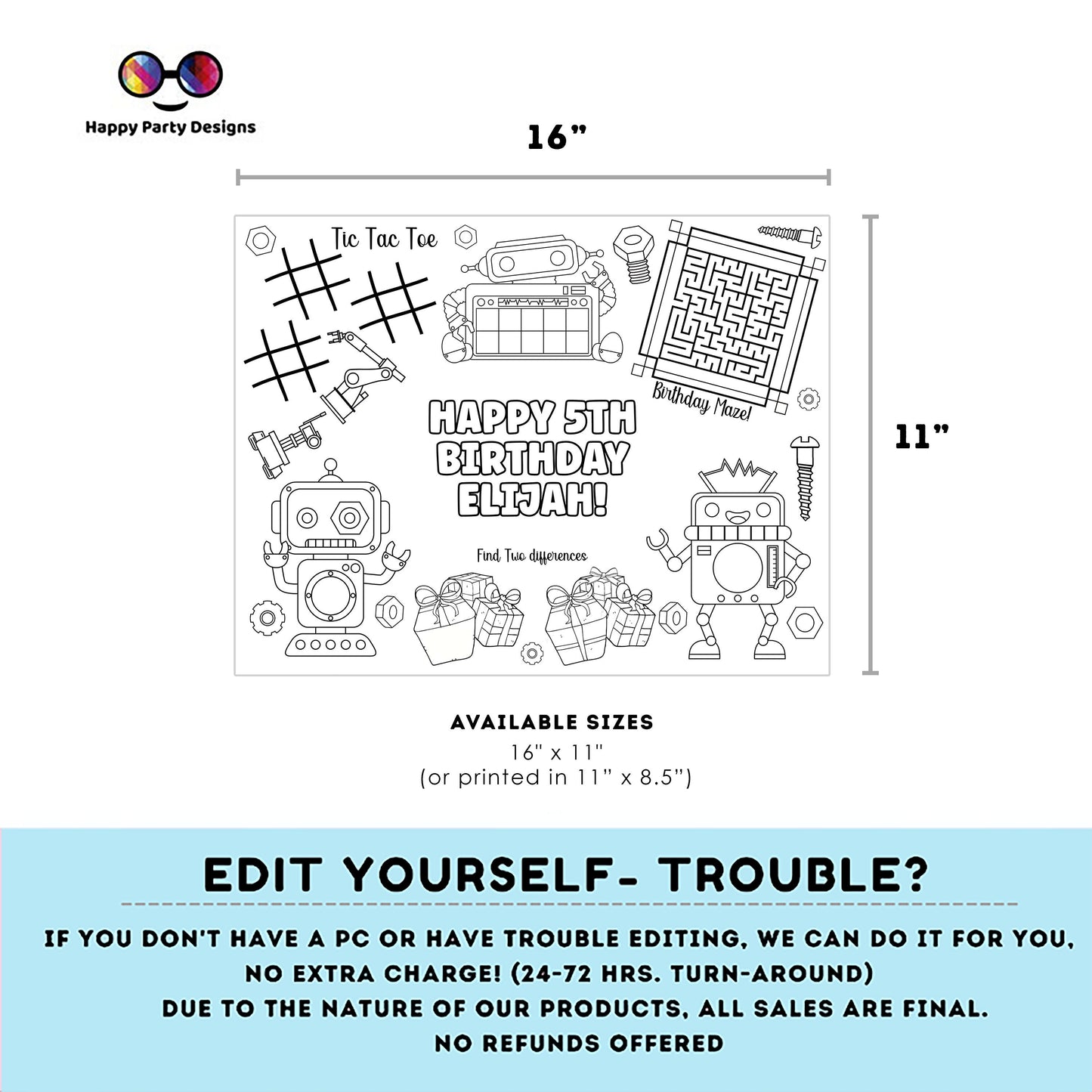 Editable Robots Birthday coloring page | Placemat coloring page | Any Age | Robots birthday Party Activity | Robots bag filler #K163