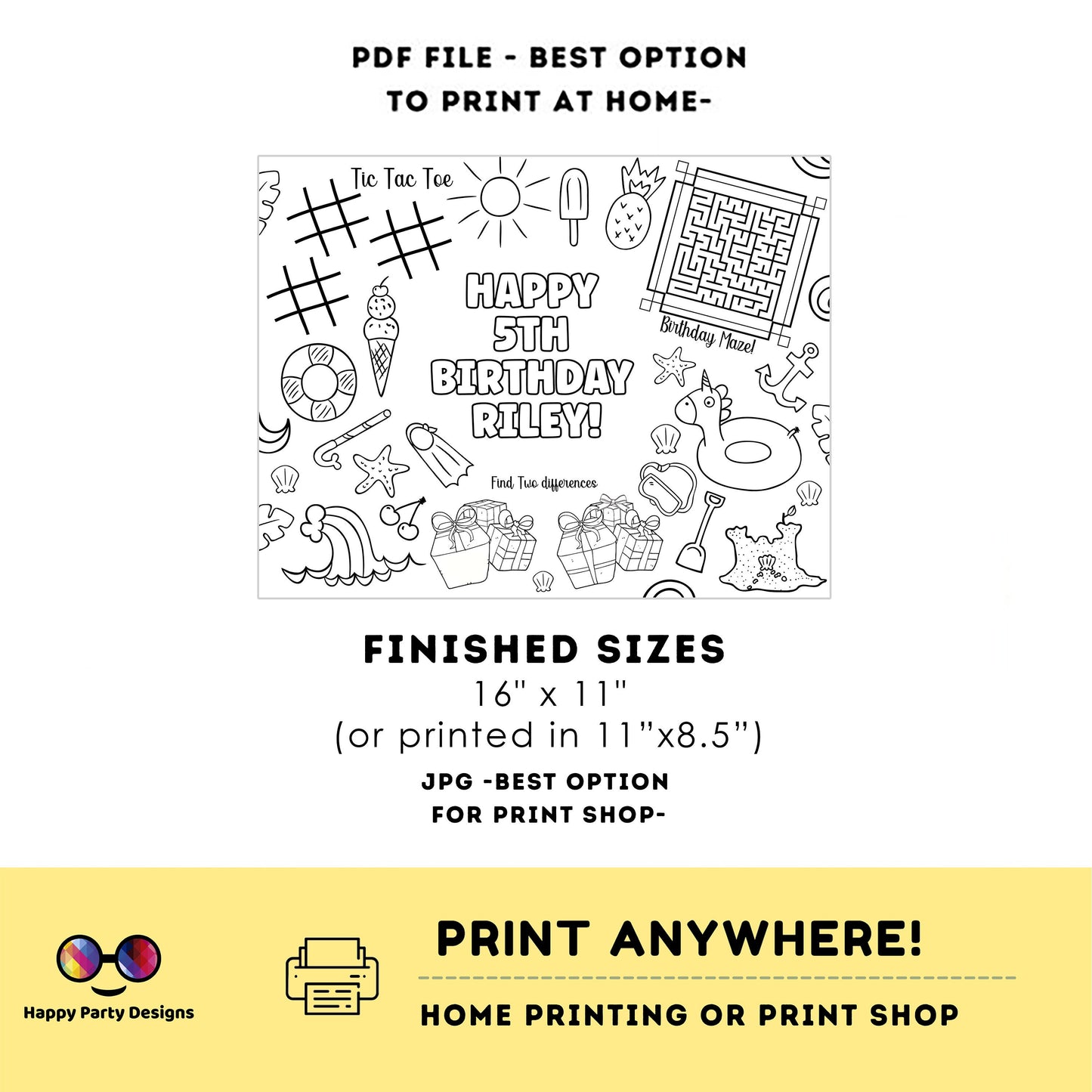 Editable summer coloring page | Placemat coloring page | Any Age | summer party | Pool Party summer Party Activity | #K97