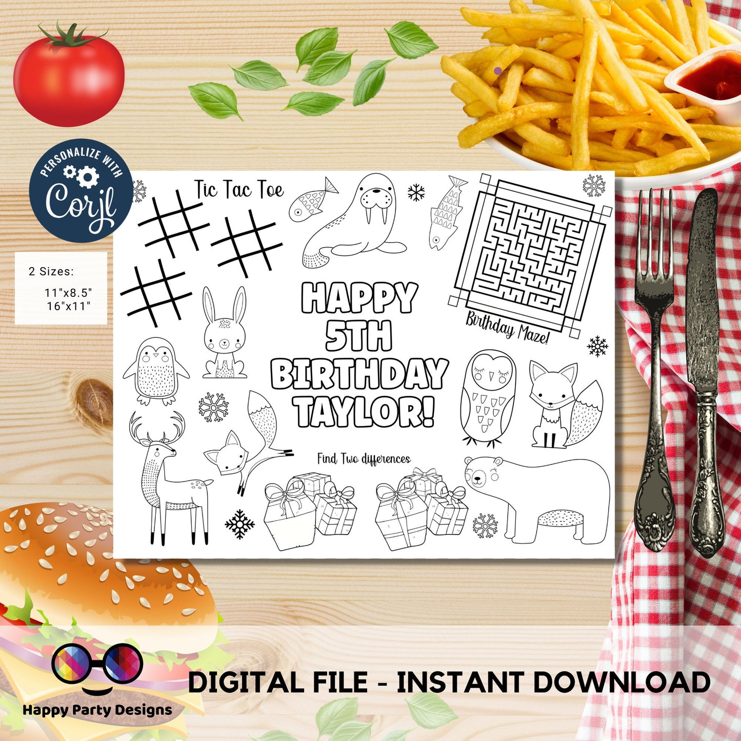 Editable Winter animals coloring page | Placemat coloring page | Any Age | Artic Animals birthday | Party Activity. #K115