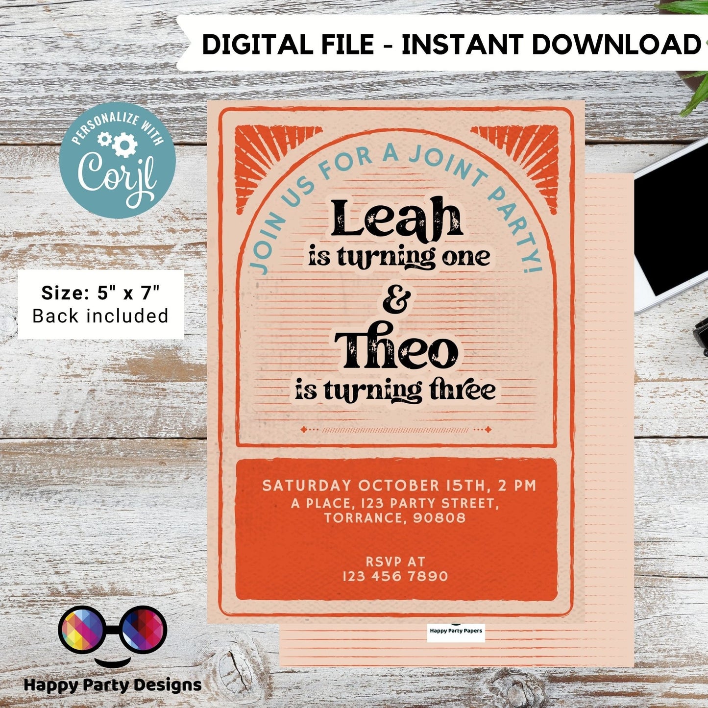 Joint Birthday Invitation Template | Sibling Birthday Invitation | Twins invitation | Arched Photo Birthday Invite | retro #K200