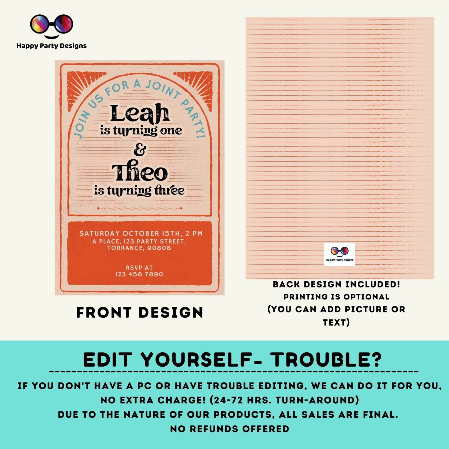 Joint Birthday Invitation Template | Sibling Birthday Invitation | Twins invitation | Arched Photo Birthday Invite | retro #K200
