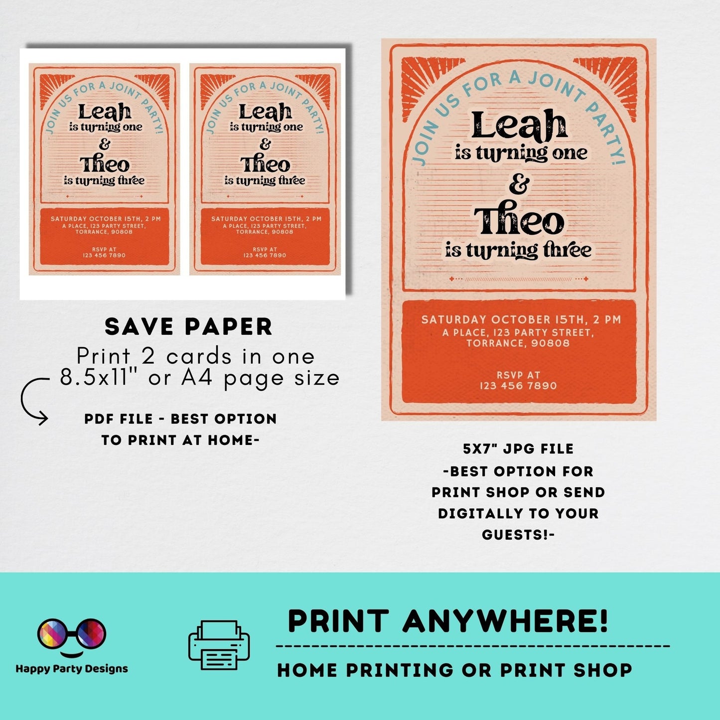 Joint Birthday Invitation Template | Sibling Birthday Invitation | Twins invitation | Arched Photo Birthday Invite | retro #K200