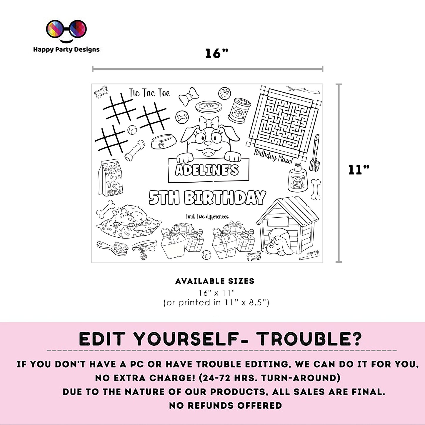Editable Puppy Birthday coloring page | Placemat coloring page | Any Age | Puppy birthday Party Activity | Lets Pawty bag filler #K61