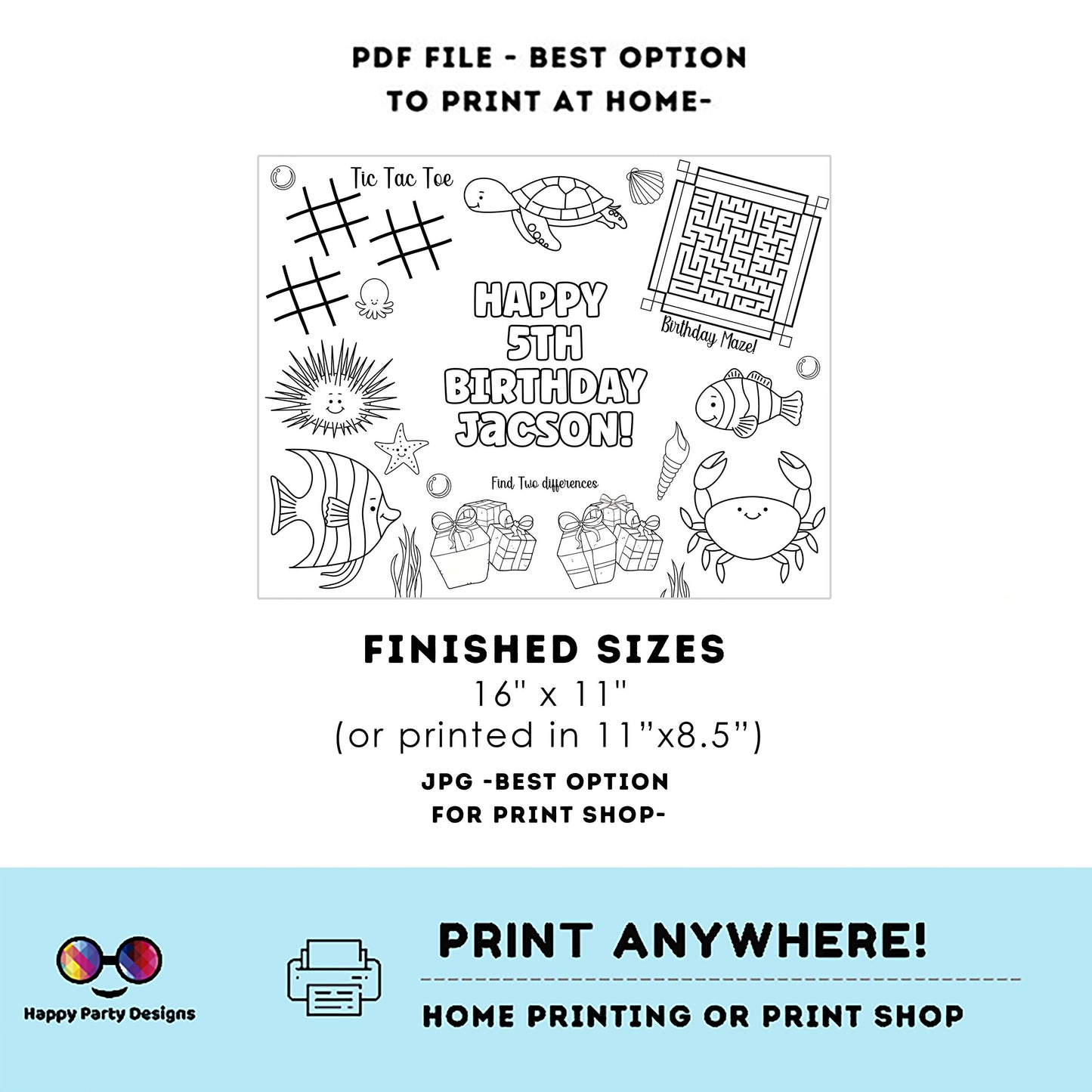 Editable Under the Sea coloring page | Placemat coloring page | Any Age Under The Sea birthday Games Under the Sea Party Activity Games #K93