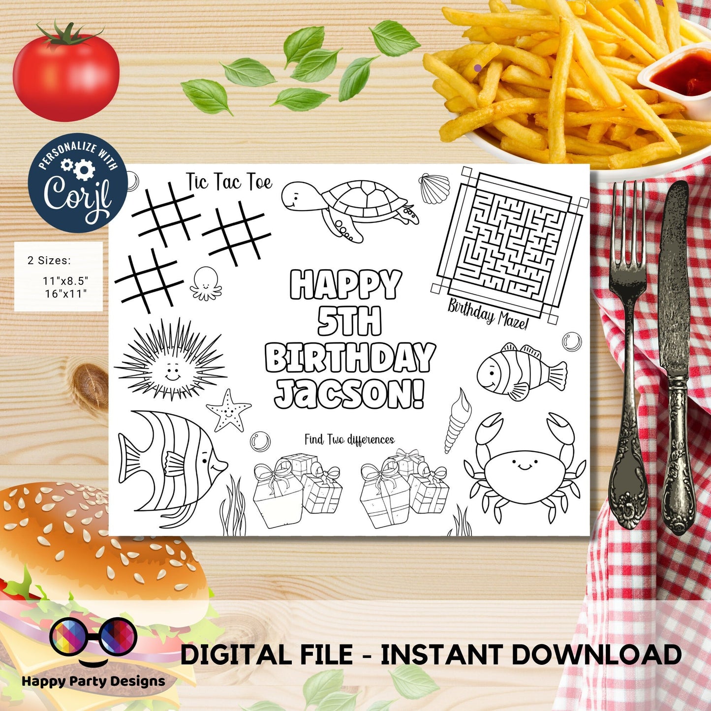 Editable Under the Sea coloring page | Placemat coloring page | Any Age Under The Sea birthday Games Under the Sea Party Activity Games #K93