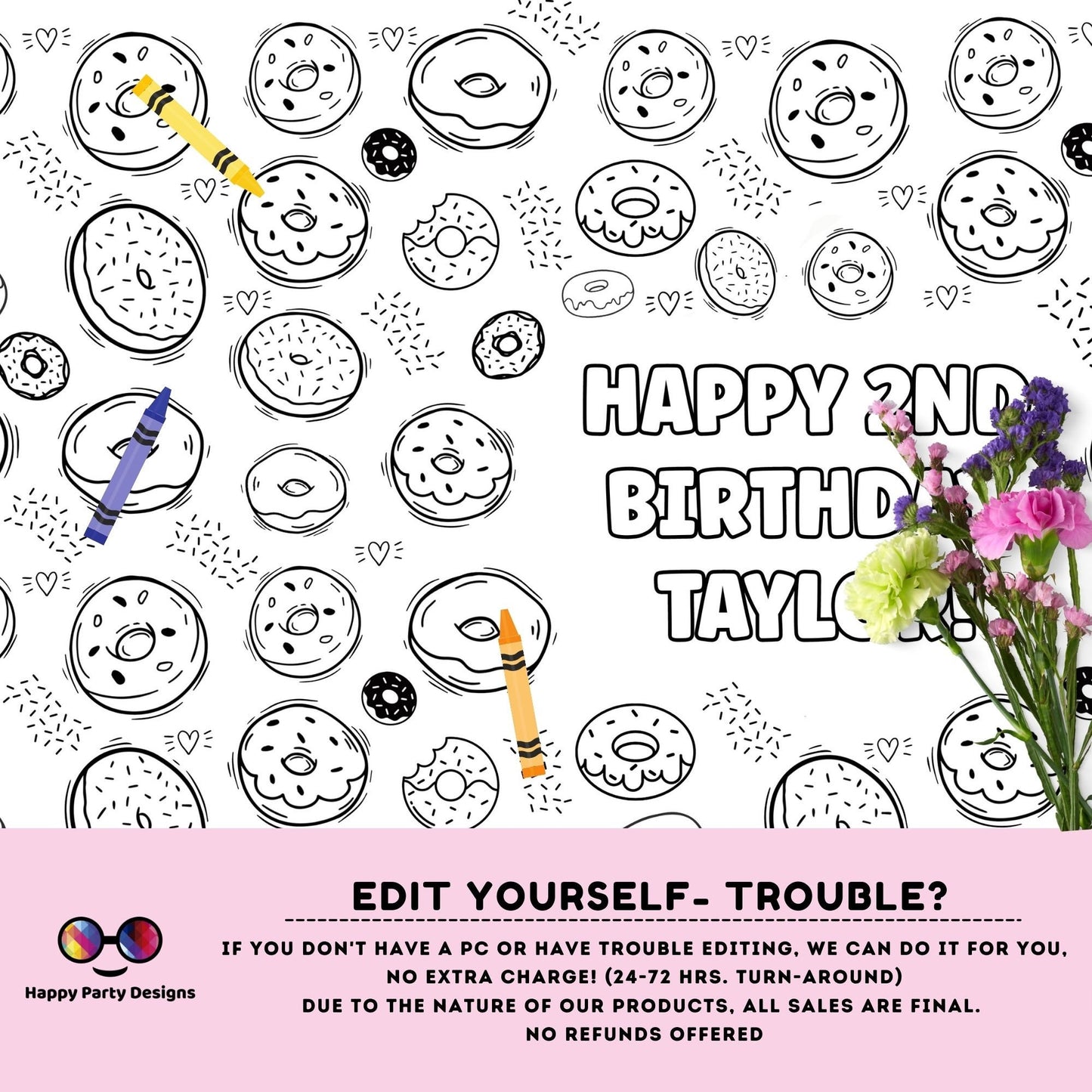 Donuts XL Table Runner | Editable table runner coloring page | Any Age | Donut party | Cute donut party | funny donut table runner #K34