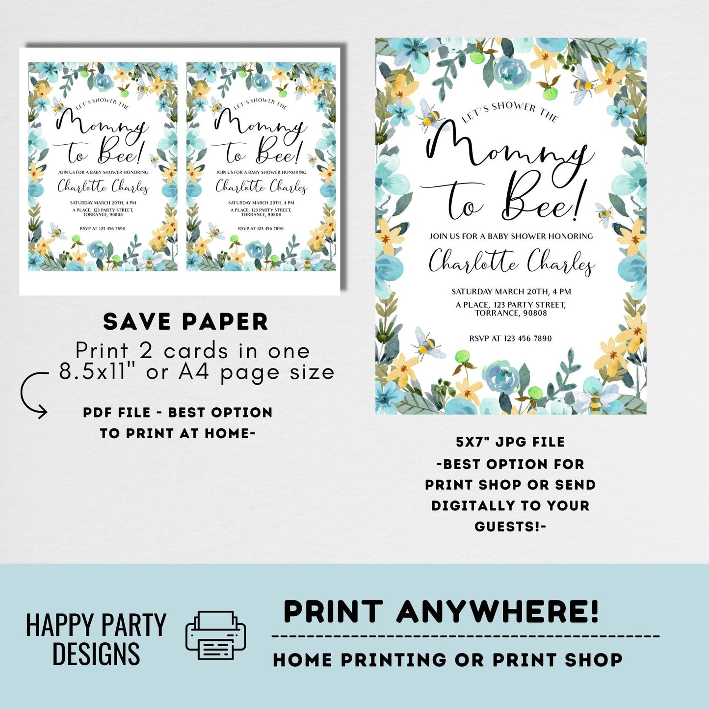 Mommy to be Shower Invitation Template | Editable Baby Shower | Baby boy Invitation | Floral Printable Invitation | Blue flowers #B43
