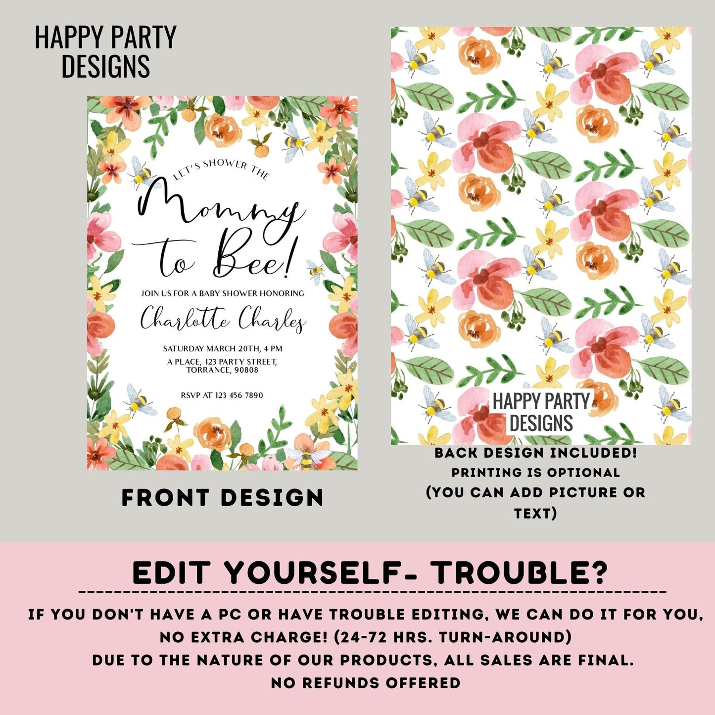 Mommy to be Shower Invitation Template | Editable Baby Shower | Baby girl Invitation | Floral Printable Invitation | pink flowers #B43