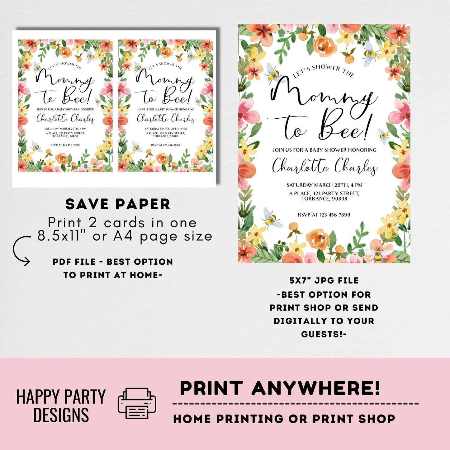 Mommy to be Shower Invitation Template | Editable Baby Shower | Baby girl Invitation | Floral Printable Invitation | pink flowers #B43