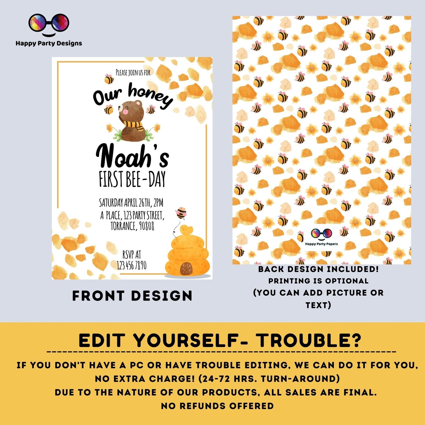 Our honey 1st Bee-Day party invitation template | First Birthday | bee neutral birthday invitation | bee birthday party invitation #K221