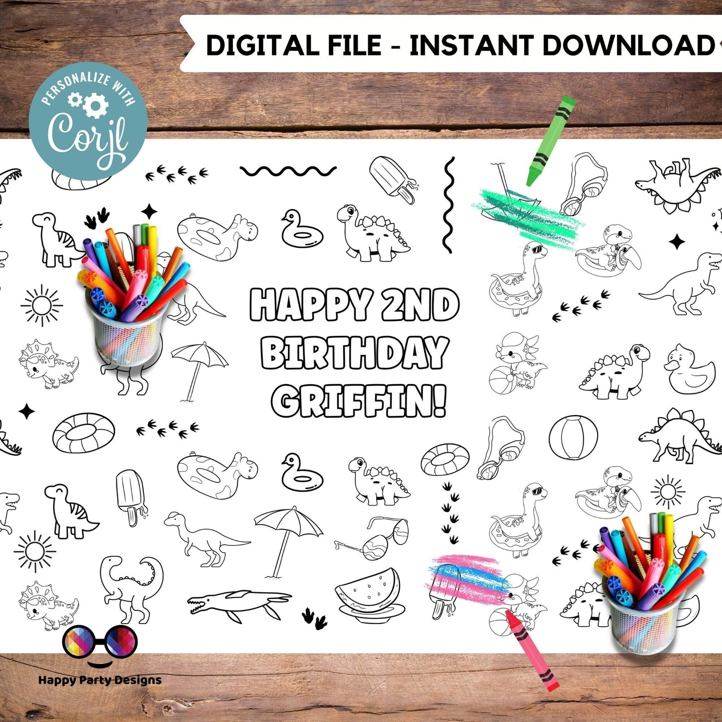 Dinosaur XL coloring Table Runner | Editable table runner coloring page | Dino pool party | Cute Sloth | Dinosaur party table runner #K83