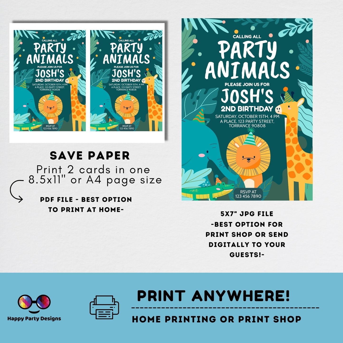 Editable party animals Birthday invitation | Green Birthday | Wild animals | invitation zoo safari | digital invitation #K202