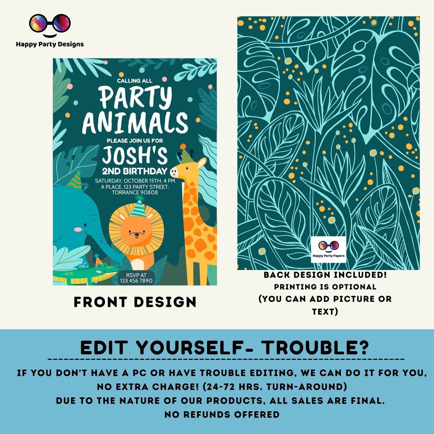 Editable party animals Birthday invitation | Green Birthday | Wild animals | invitation zoo safari | digital invitation #K202