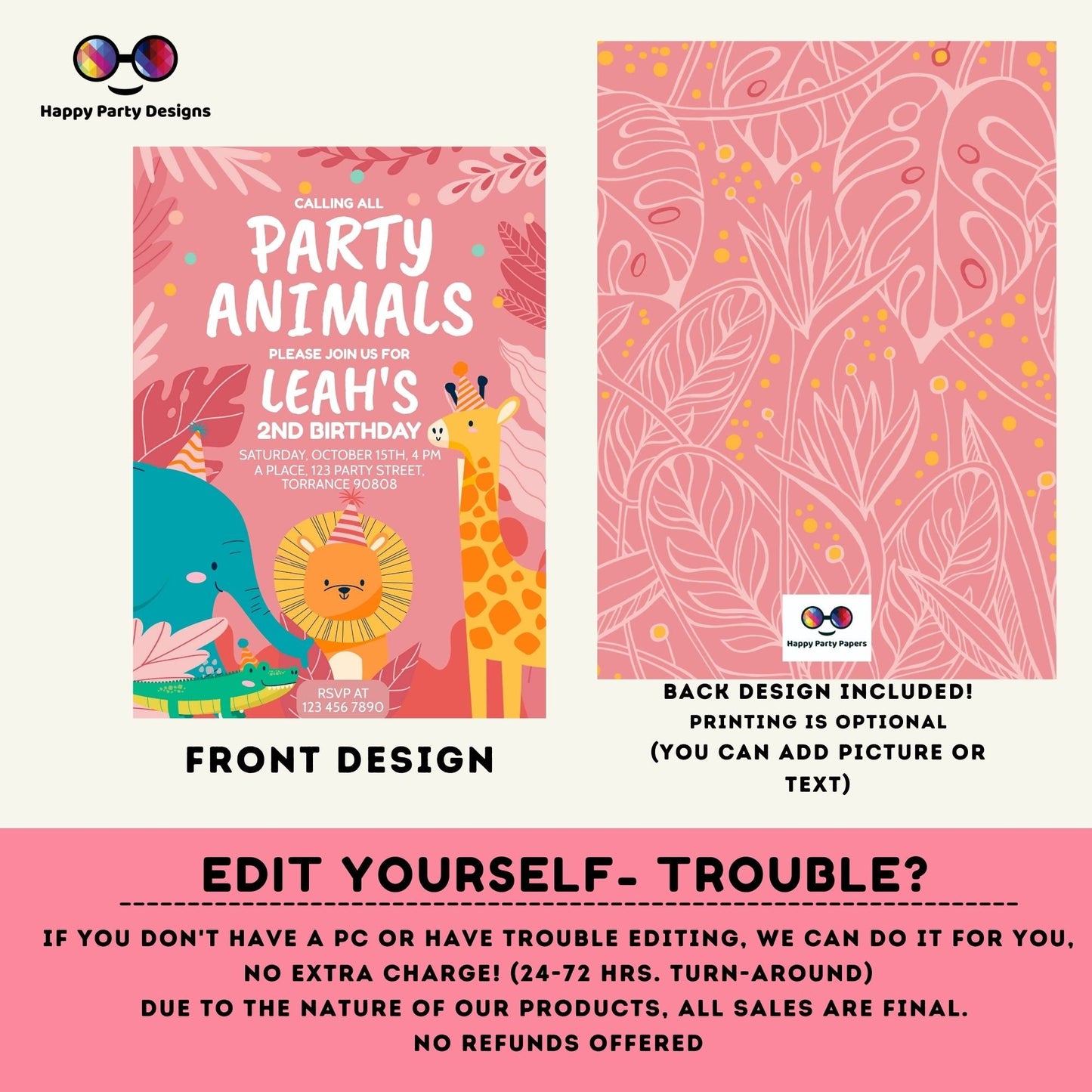 Editable party animals Birthday invitation | Pink Birthday | Wild animals | invitation zoo safari | digital invitation | birthday girl #K202
