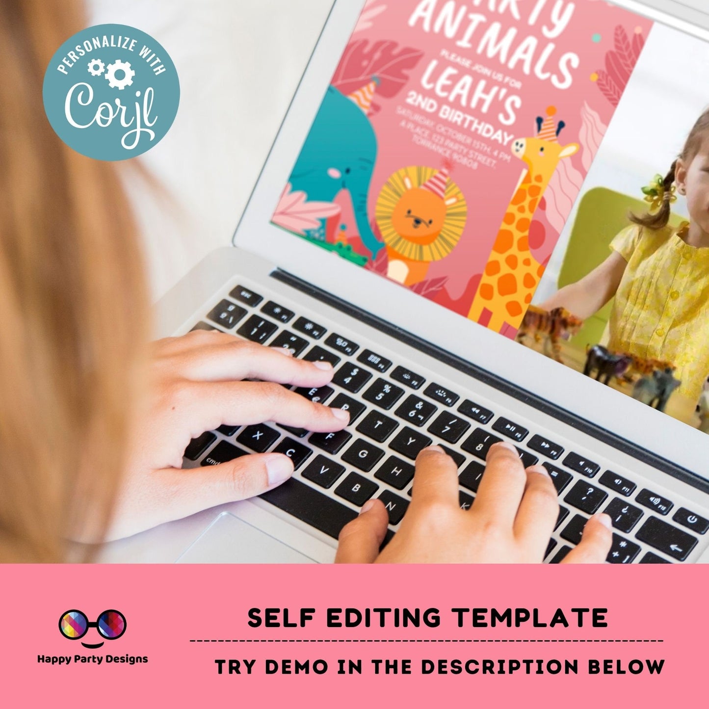 Editable party animals Birthday invitation with photo | Wild animals | invitation zoo safari | digital invitation | birthday girl #K202