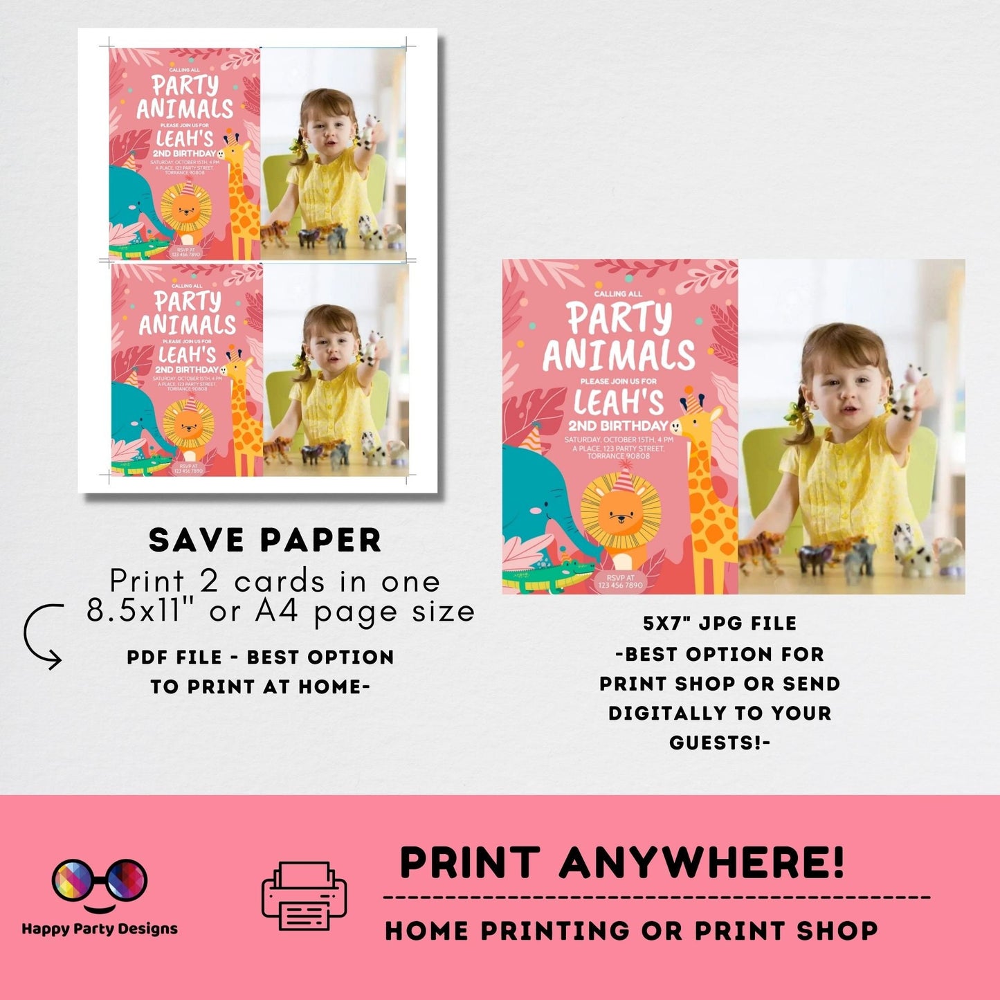 Editable party animals Birthday invitation with photo | Wild animals | invitation zoo safari | digital invitation | birthday girl #K202