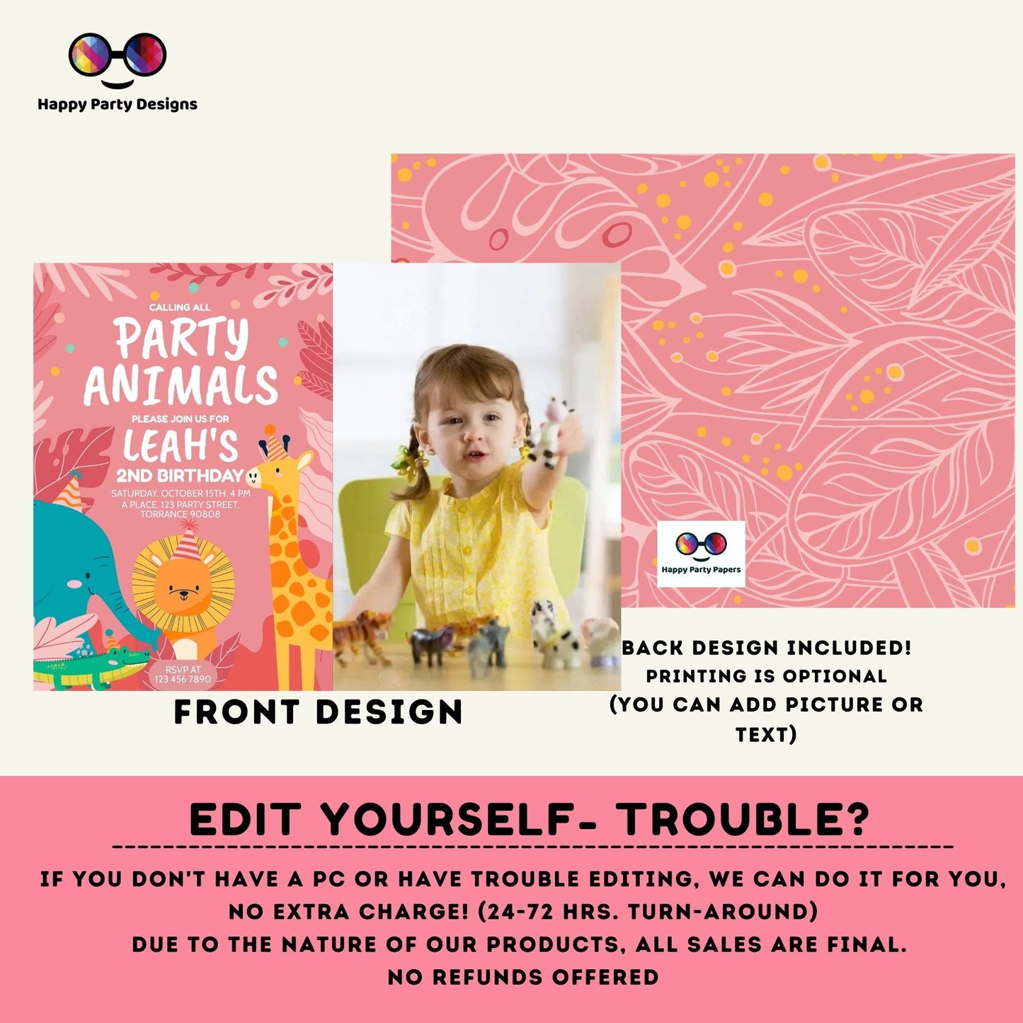 Editable party animals Birthday invitation with photo | Wild animals | invitation zoo safari | digital invitation | birthday girl #K202
