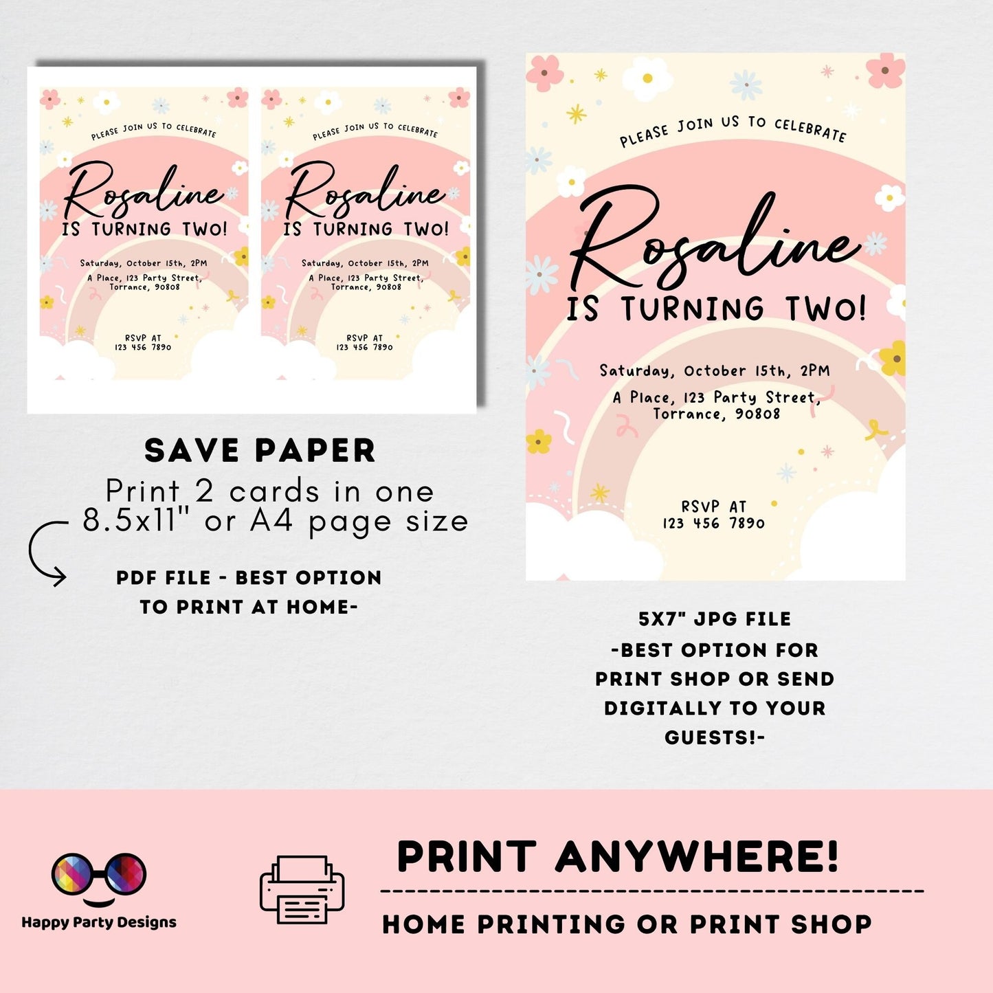 Editable Rainbow Birthday Party Invitation | Instant Download Rainbow Birthday Party Invitation | Rainbow Birthday | Pastel colors #K203