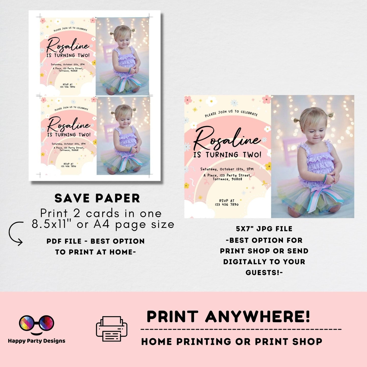 Editable Rainbow Birthday Party Invitation with picture | Instant Download Rainbow Birthday Party Invitation | Pastel colors #K203