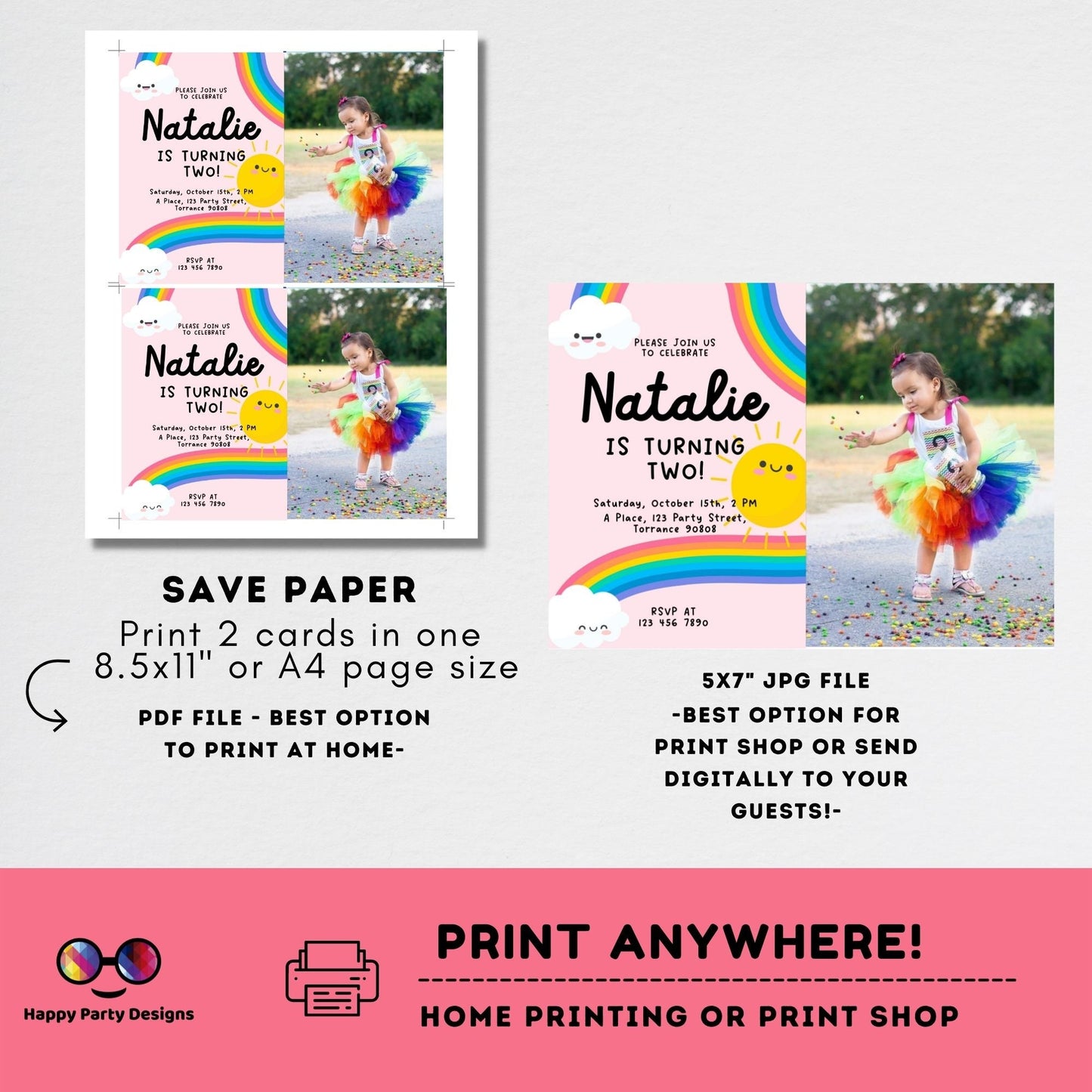 Editable Rainbow Birthday Party Invitation with photo | Instant Download Rainbow Birthday Party Invitation | Rainbow Birthday #K204