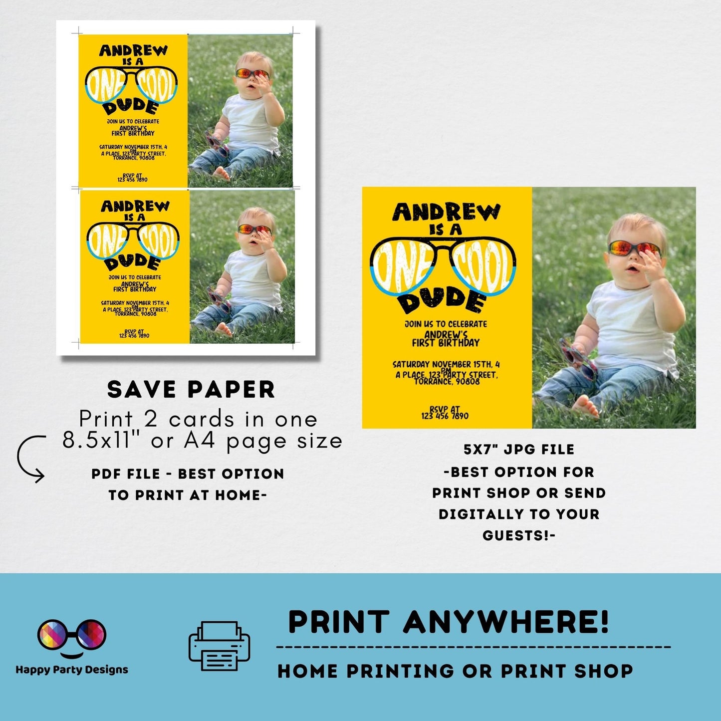 Editable One Cool dude Birthday Invitation with photo | Boy First Birthday Party | Cool Sunglasses | 1st birthday party | to print #K223