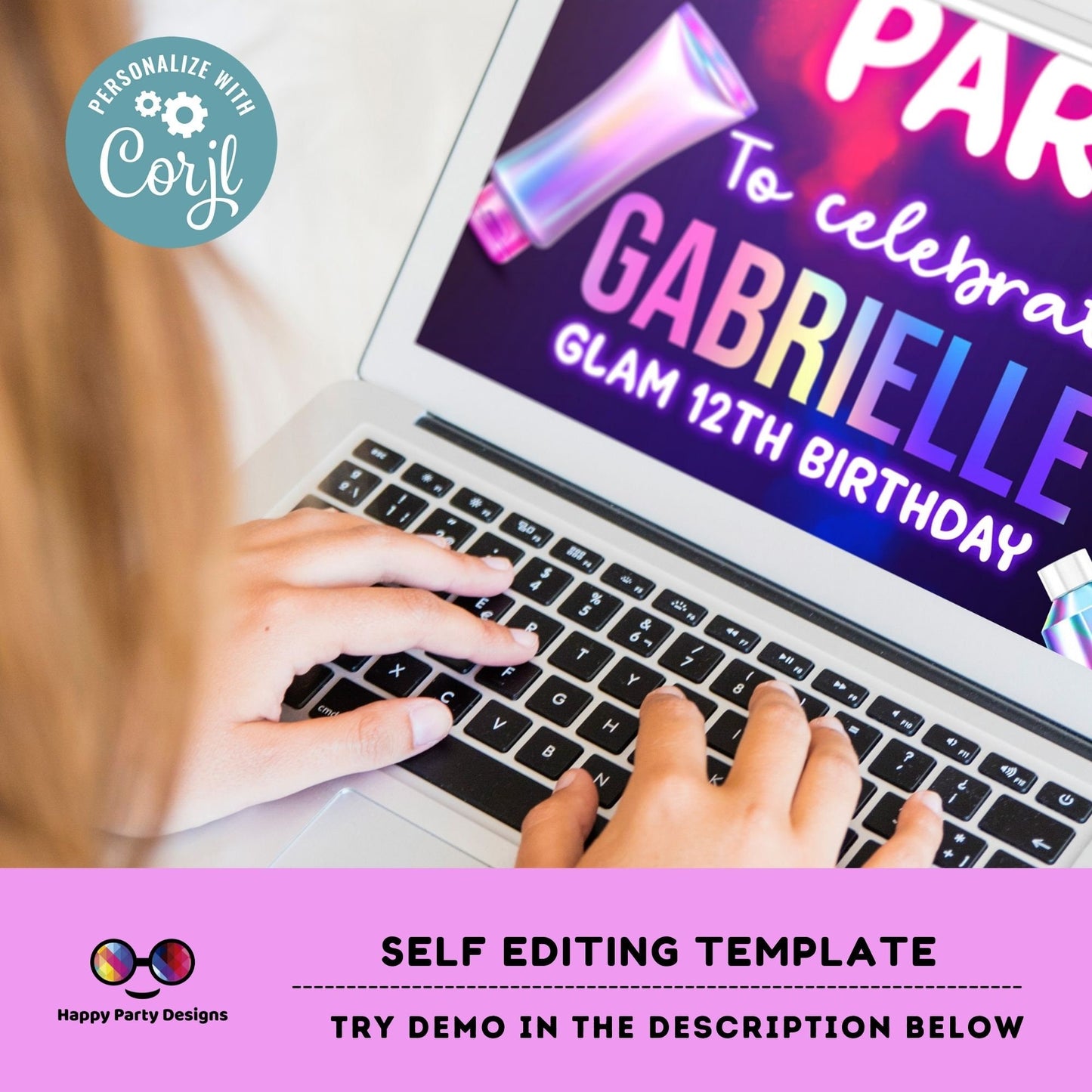 Editable neon Spa party | girls spa birthday party invitation editable template | Birthday girl | glam makeup & nails spa party #K226