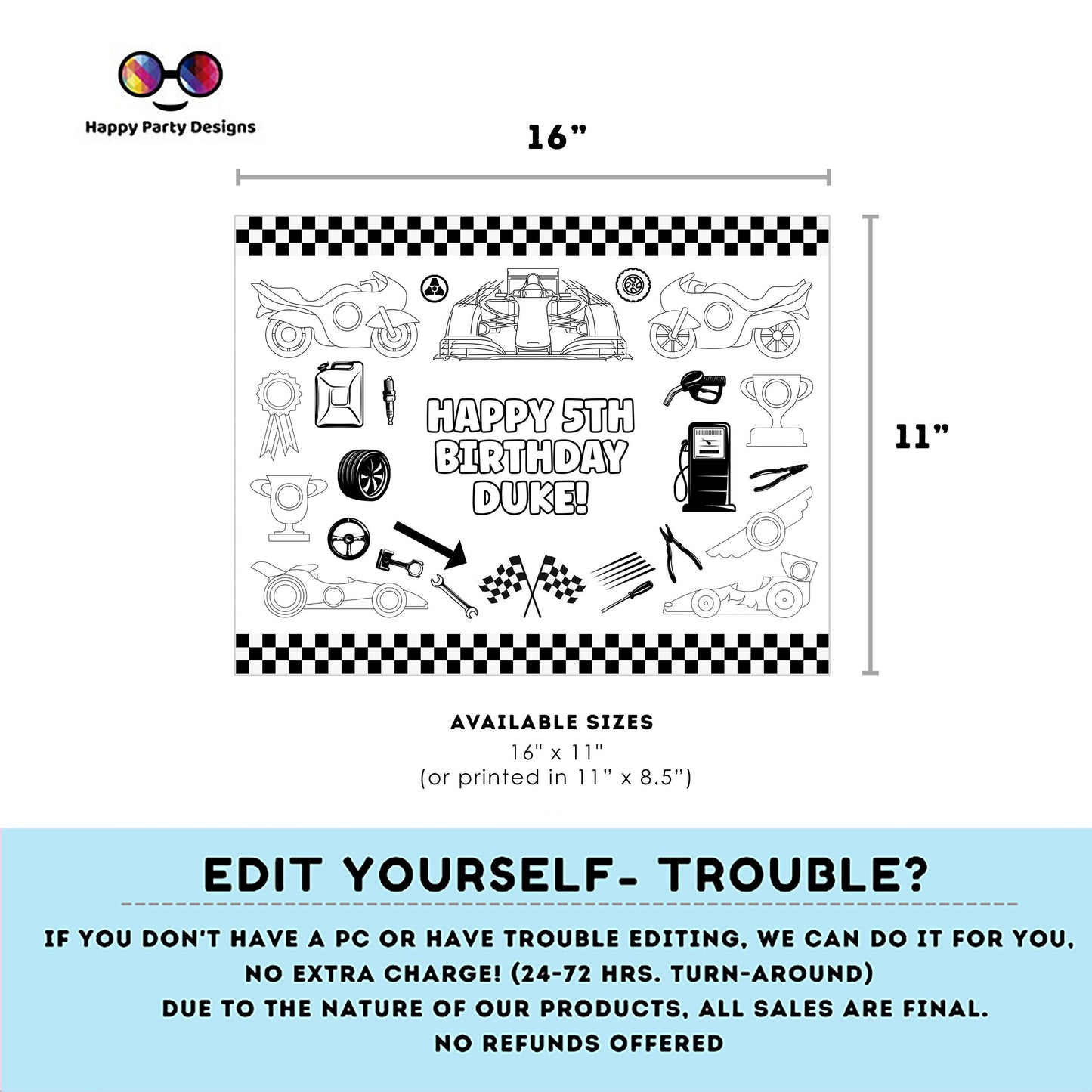 Editable racing cars coloring page | Placemat coloring page | Any Age | racing cars | Two Fast | Car accesories party placemat #K52