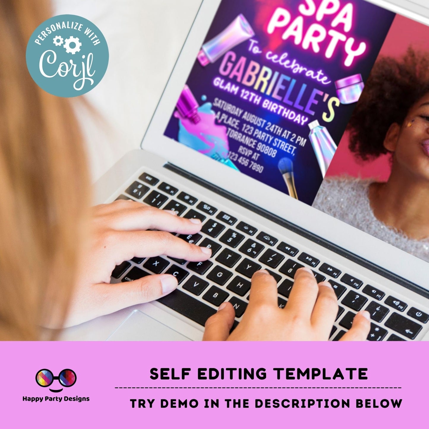 Editable neon Spa party with photo | girls spa birthday party editable template | Birthday girl | glam makeup & nails spa party #K226