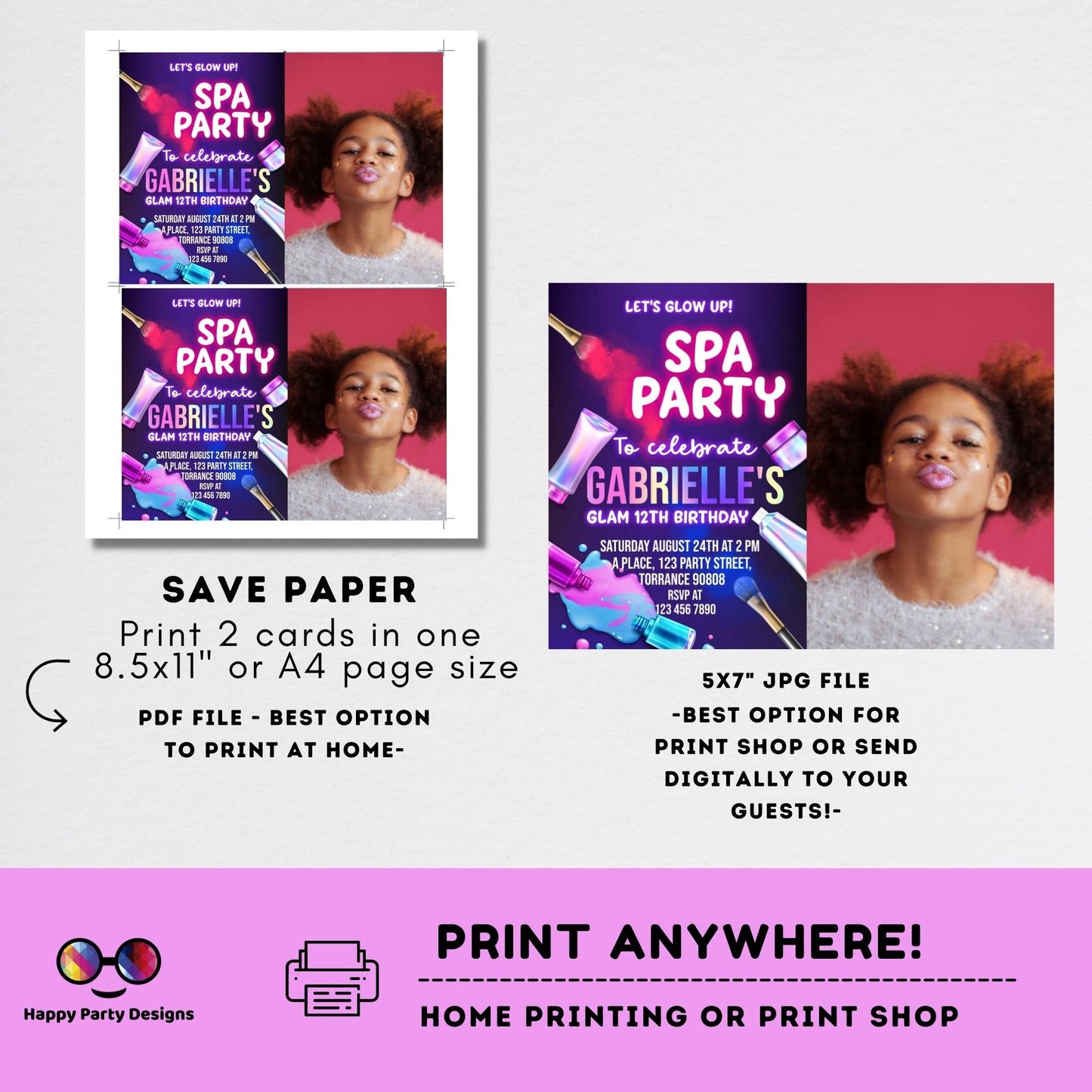 Editable neon Spa party with photo | girls spa birthday party editable template | Birthday girl | glam makeup & nails spa party #K226