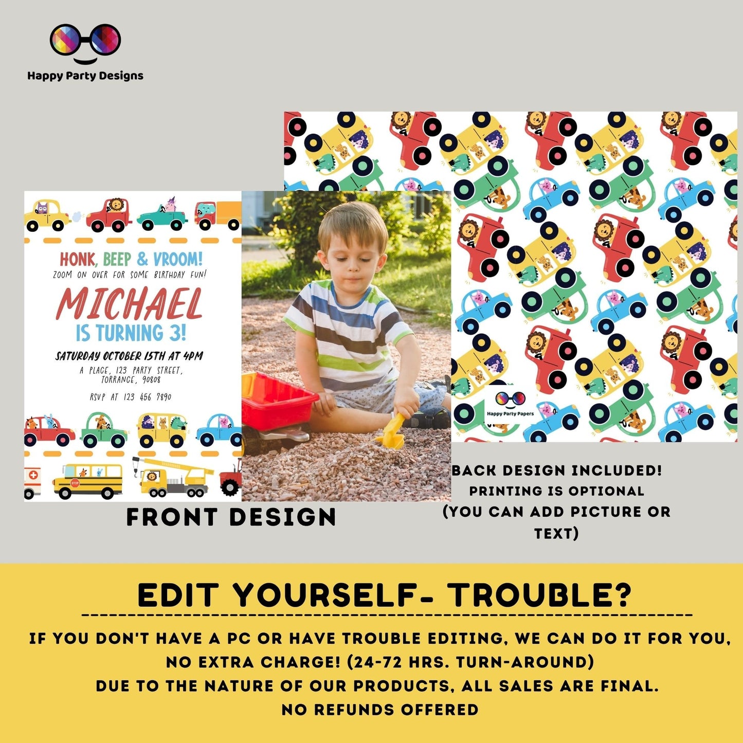 Editable Transportation Birthday Invitation with photo | Truck Birthday Invitation | Cars Birthday | Truck and Cars Birthday template #K227
