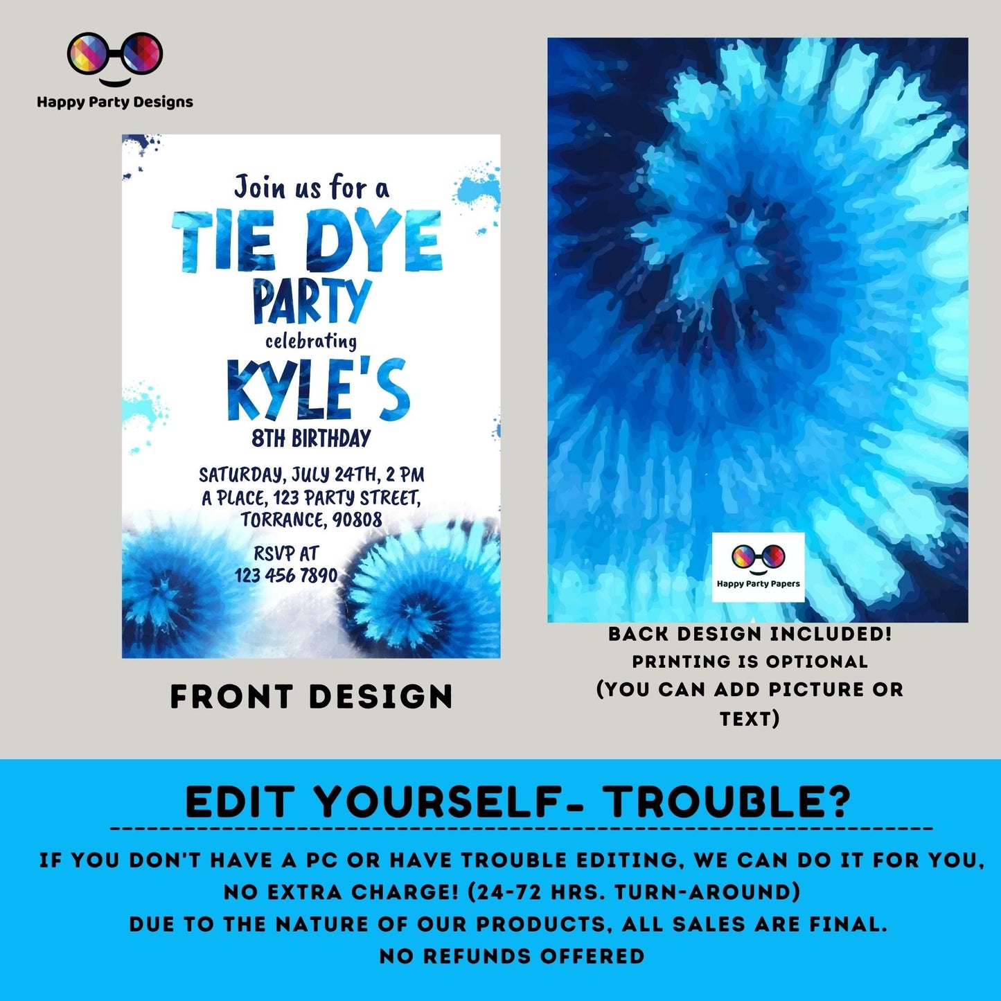 Editable Tie Dye Invitation Instant Download | Blue Tie Dye Birthday Invitations | Editable Tie Dye Party Invite | Printable Tie-Dye #K228
