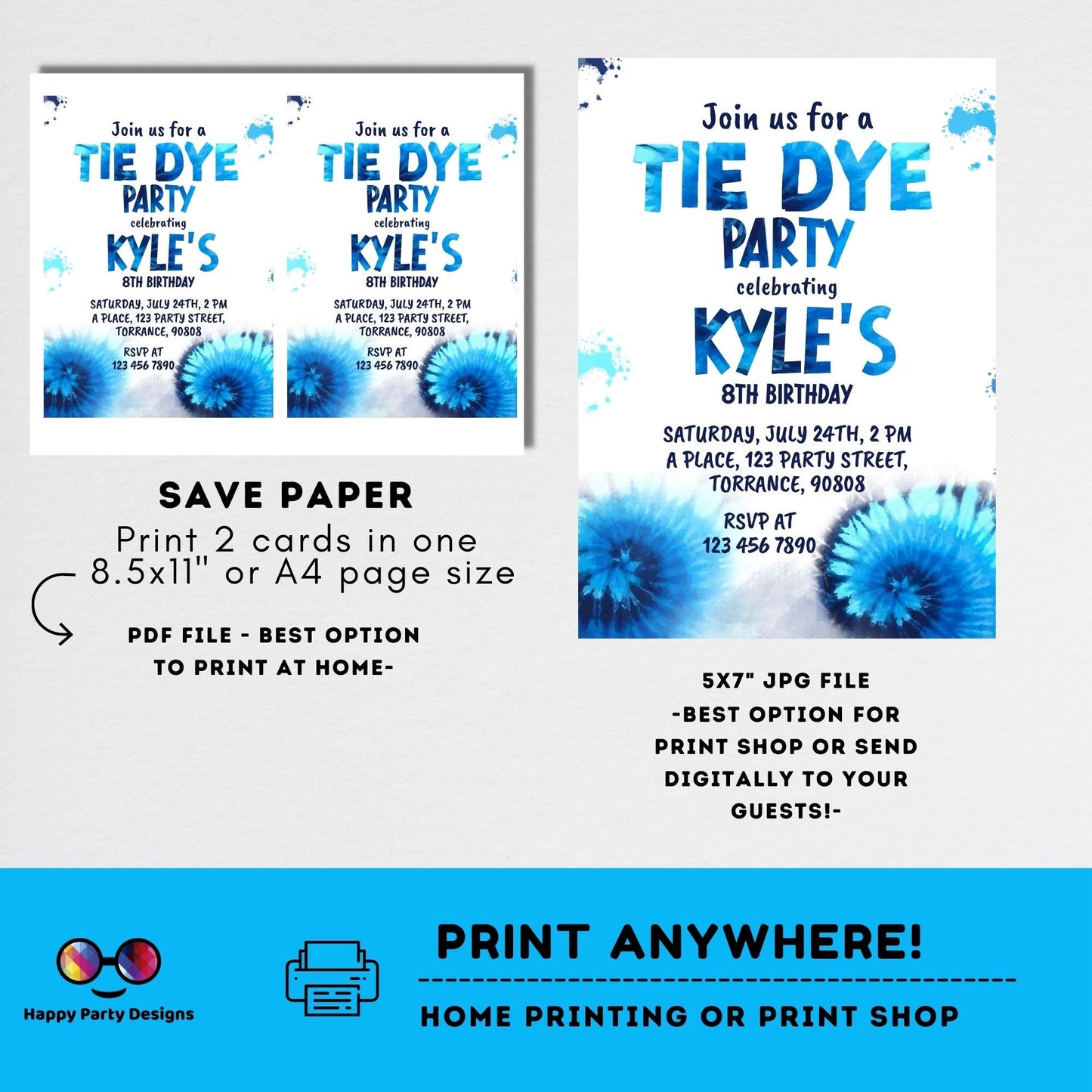 Editable Tie Dye Invitation Instant Download | Blue Tie Dye Birthday Invitations | Editable Tie Dye Party Invite | Printable Tie-Dye #K228
